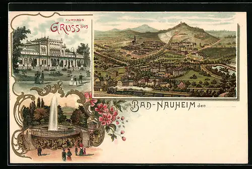 Lithographie Bad Nauheim, Kurhaus, Sprudel, Totalansicht