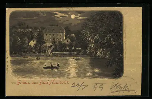 Mondschein-Lithographie Bad Nauheim, Teichhaus, Ruderer auf dem Parksee