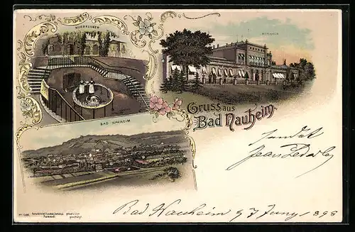 Lithographie Bad Nauheim, Totalansicht, Kurhaus & Kurbrunnen