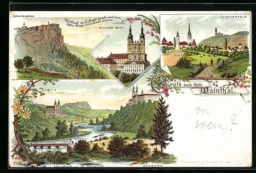 Lithographie Bamberg, Totale mit Schloss, Schloss Banz, Ansicht von Lichtenfels
