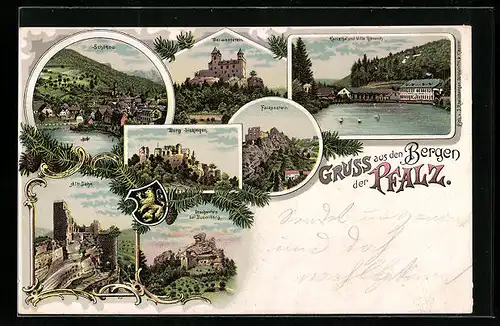 Lithographie Schönau / Pfalz, Totalansicht, Berwartstein, Alt-Dahn, Burg Sickingen