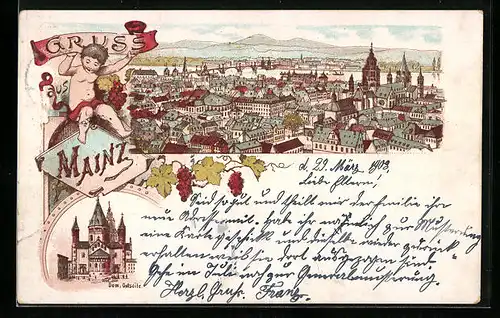 Lithographie Mainz, Totalansicht, Dom