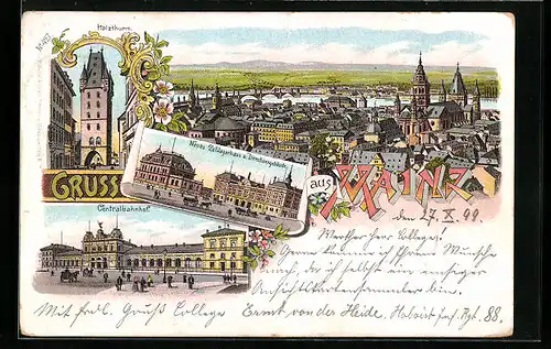 Lithographie Mainz, Holzthurm, Centralbahnhof, Neues Zolllagerhaus