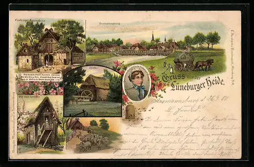 Lithographie Hermannsburg / Lüneburger Heide, Bauernhaus, Mühle, Gesamtansicht