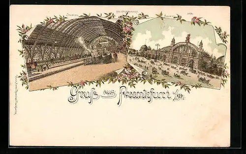 Lithographie Frankfurt a. M., Hauptbahnhof, Aussen- und Innenansicht