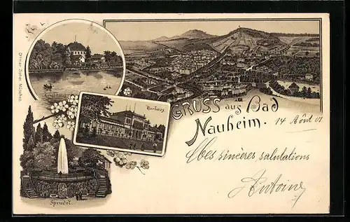 Lithographie Bad Nauheim, Kurhaus, Teichhaus, Totalansicht