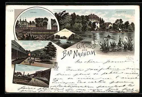 Lithographie Bad Nauheim, Sprudel, Kurbrunnen, Teichhaus, Gradirwerke