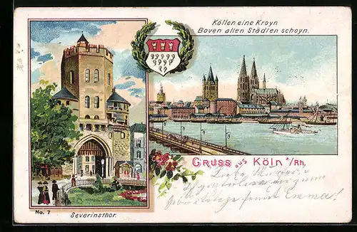 Lithographie Köln a. Rh., Severinsthor, Gesamtansicht mit Dom, Stadtwappen