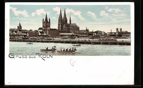 Lithographie Köln, Uferansicht mit Dom