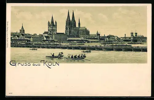 Lithographie Köln, Uferansicht mit Dom
