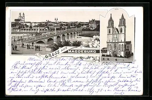Lithographie Magdeburg, Dom, Gesamtansicht mit Brücke