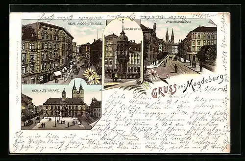 Lithographie Magdeburg, Neue Jacob-Strasse, alter Markt, Wilhelmstrasse