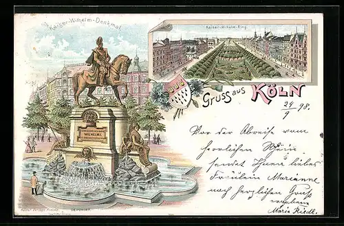 Lithographie Köln-Neustadt, Kaiser Wilhelm-Denkmal, Kaiser-Wilhelm-Ring