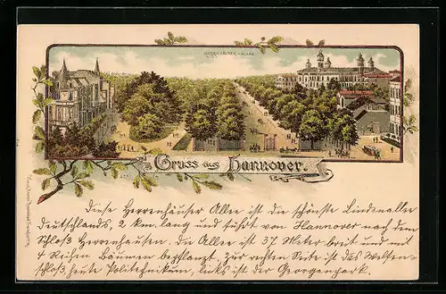 Lithographie Hannover, Herrnhäuser Allee aus der Vogelschau