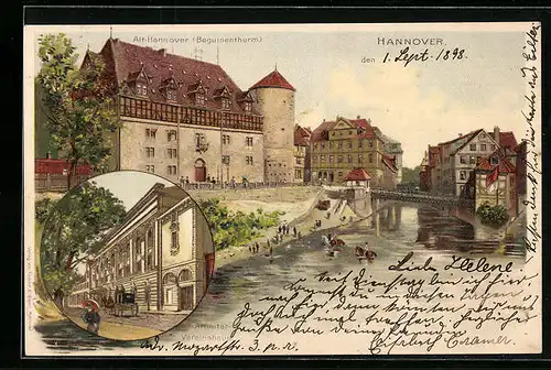 Lithographie Hannover, Beguinenthurm, Arbeiter-Vereinshaus