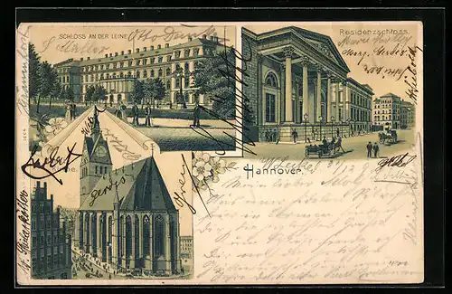 Lithographie Hannover, Schloss an der Leine, Residenzschloss, Marktkirche