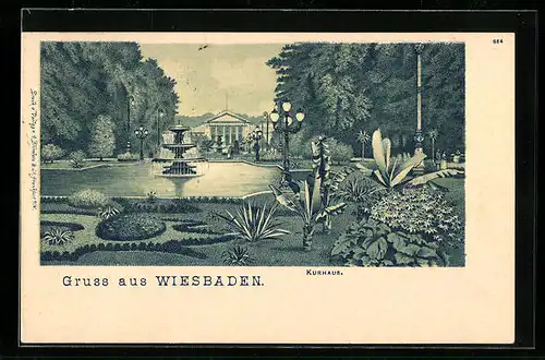 Lithographie Wiesbaden, Kurhaus vom Park aus gesehen