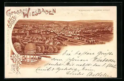 Lithographie Wiesbaden, Totale vom Neroberg aus gesehen