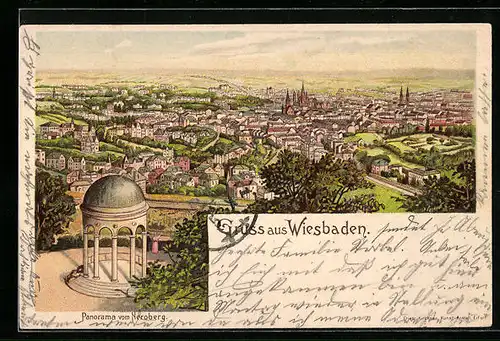 Lithographie Wiesbaden, Panoramablick vom Neroberg aus gesehen