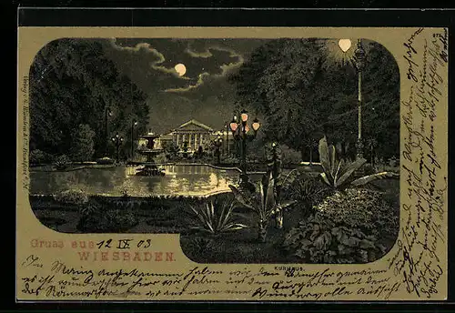 Mondschein-Lithographie Wiesbaden, Kurhaus vom Park aus gesehen