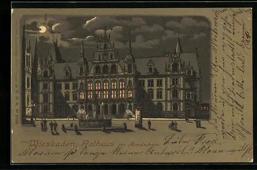 Mondschein-Lithographie Wiesbaden, Rathaus, Brunnen und Litfasssäule