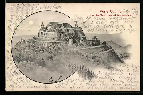 Lithographie Coburg, Veste Coburg von der Teufelskanzel aus gesehen