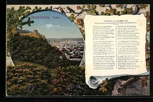 AK Heidelberg, Totalansicht mit Heidelberger Schloss, Gedicht Heidelberg, du Jugendbronnen!