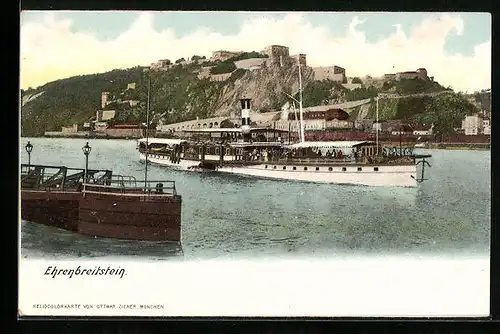 AK Coblenz, Festung Ehrenbreitstein mit Flusspartie und Dampfer