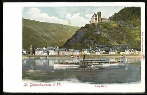 AK St. Goarshausen a. Rh., Burg Katz mit Uferpartie der Ortschaft