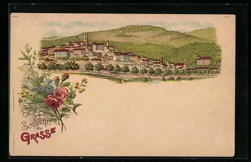 Lithographie Grasse, Totalansicht der Ortschaft, Blumenmotiv