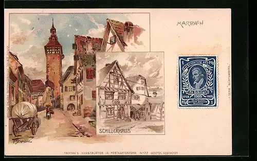 Künstler-AK P. Schmohl: Marbach, Schillerhaus, Gasse mit Turm