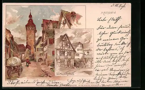 Künstler-AK P. Schmohl: Marbach, Schillerhaus, Gasse mit Turm