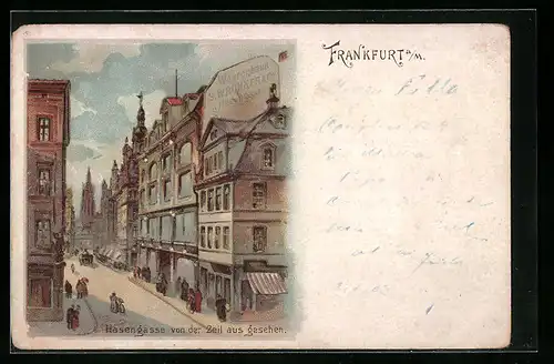 Lithographie Frankfurt a. M., Hasengasse von der Zeil aus gesehen