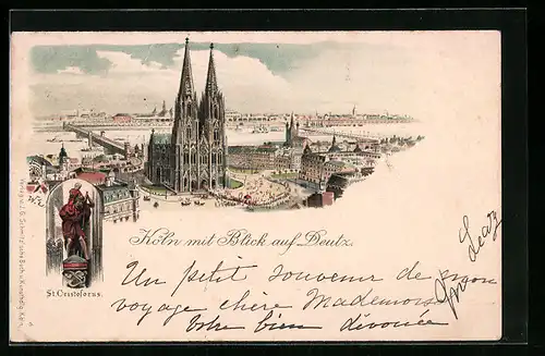 Lithographie Köln, Gesamtansicht mit Dom und Blick auf Deutz, St. Cristoforus