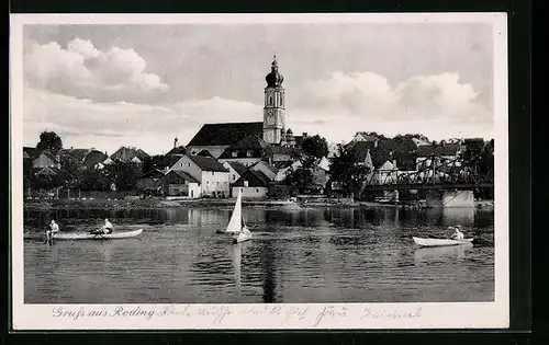 AK Roding, Ortspanorama mit Brücke