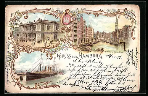 Lithographie Hamburg, Fleet bei der Reimersbrücke, Börse, Schnelldampfer Normannia
