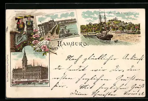 Lithographie Hamburg, Blankenese Süllberg, Jungfernstieg, Vierländerin in Tracht