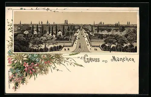 Lithographie München, Ortsansicht aus der Vogelschau, Blumenmotiv