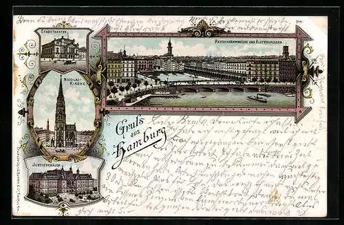 Lithographie Hamburg, Reesendammbrücke und Alsterarcaden, Stadttheater, Nicolaikirche