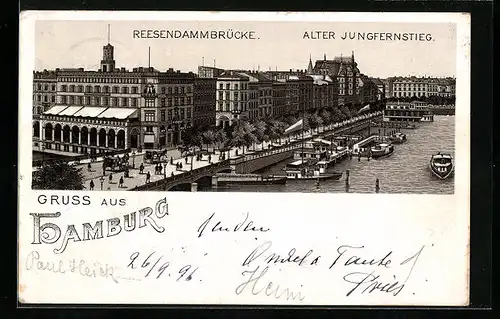 Lithographie Hamburg, Reesendammbrücke und alter Jungfernstieg