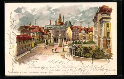 Lithographie Ansbach, Passanten vor dem Schlossthor