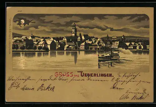 Mondschein-Lithographie Ueberlingen, Generalansicht der Stadt, Blick zur Kirche