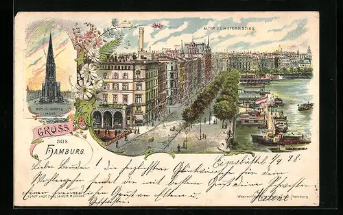 Lithographie Hamburg, Alter Jungfernstieg, Nicolai-Kirche