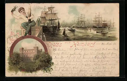 Lithographie Hamburg, Hafen, Seewarte, Matrose auf einem Segelmast