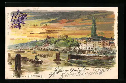 Lithographie Hamburg, Abenddämmerung auf der Elbe