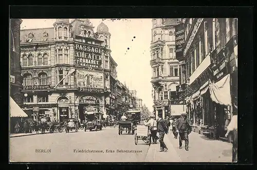 AK Berlin, Friedrichstrasse Ecke Behrenstrasse, Kutschen vor dem Passage Theater