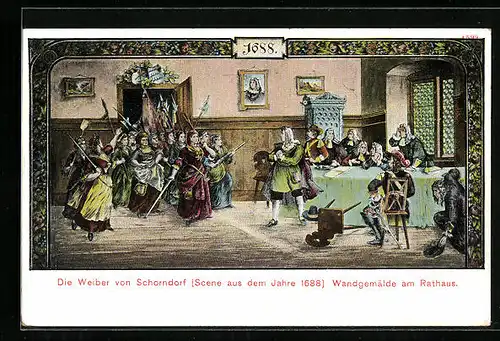 AK Schorndorf, Wandgemälde Die Weiber von Schorndorf aus dem Jahre 1688, Rathaus