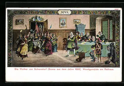 AK Schorndorf, Wandgemälde Die Weiber von Schorndorf aus dem Jahre 1688, Rathaus