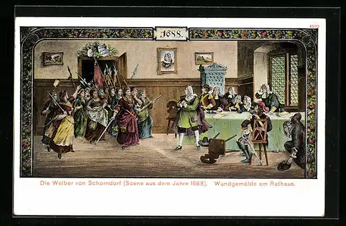 AK Schorndorf, Wandgemälde Die Weiber von Schorndorf aus dem Jahre 1688, Rathaus