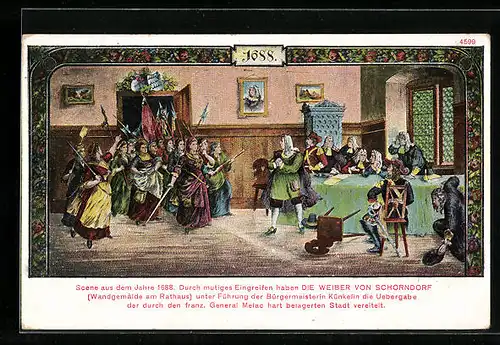AK Schorndorf, Wandgemälde Die Weiber von Schorndorf aus dem Jahre 1688, Rathaus